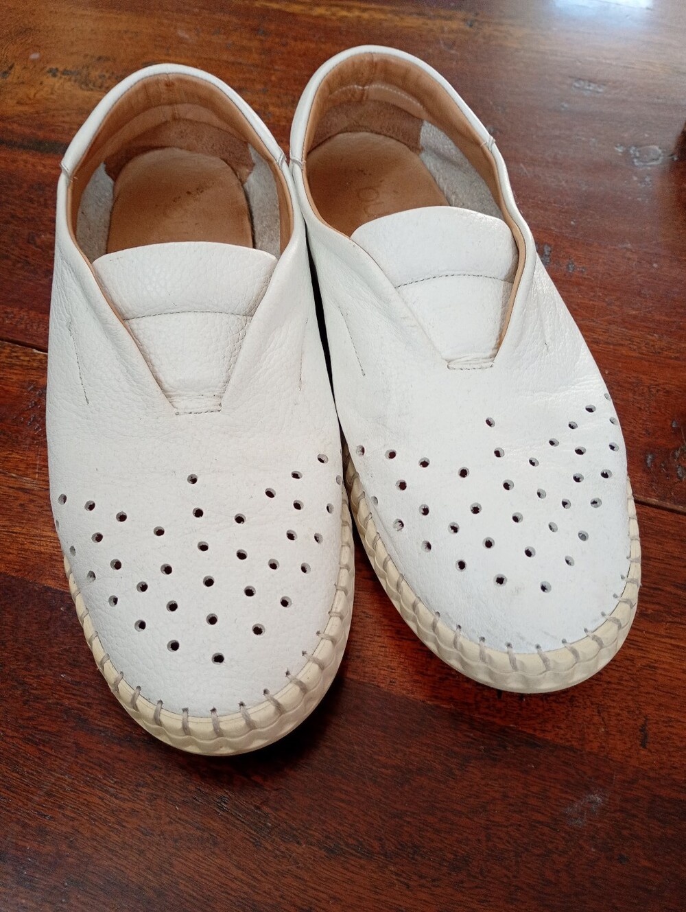 Bueno | White Perforated Slip-On Leather Loafers | 40